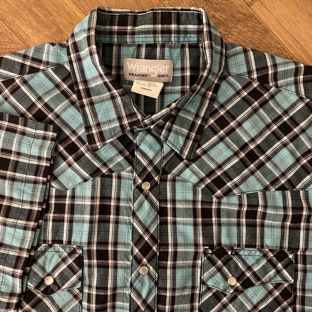 Wrangler Wrancher Shirt Mens XL Blue Plaid Pearl Snap Short Sleeve Logo Western